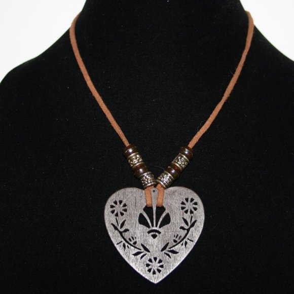 Beautiful brown leather and wooden heart necklace